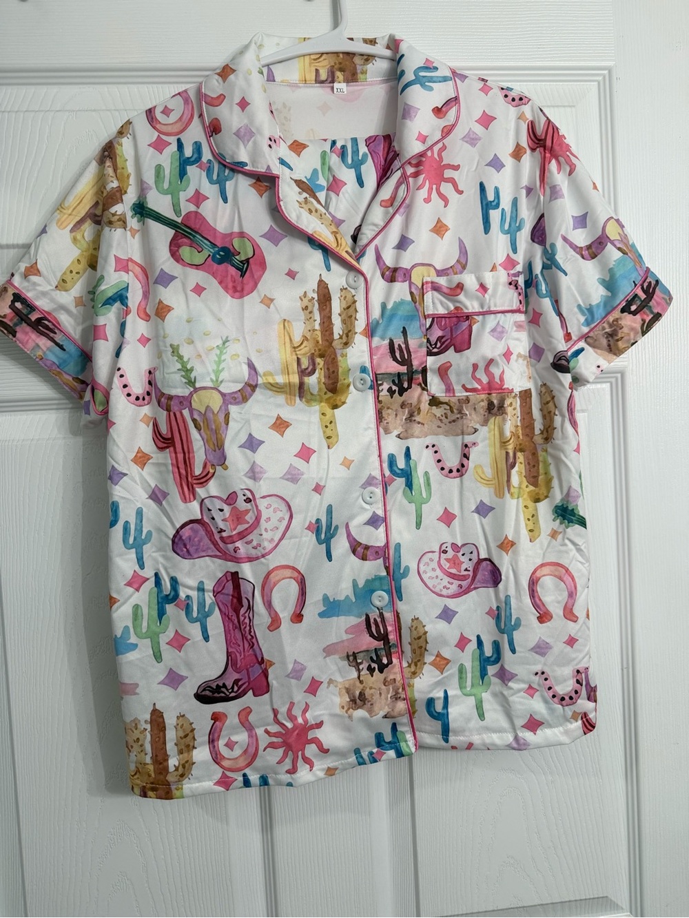 Women’s Short-Sleeve Pajama Set- White Multi Cactus Western Print
